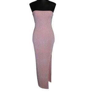 Pink glitter strapless maxi dress with side cutout and high slit